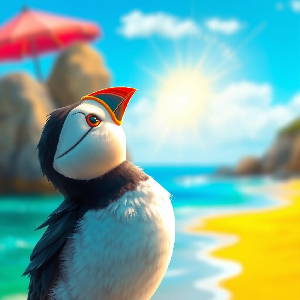 A magical scene where Pip the puffin gazes up in awe at a shimmering light in the sky