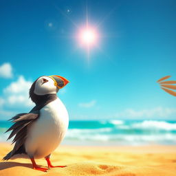 A magical scene where Pip the puffin gazes up in awe at a shimmering light in the sky