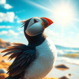 A magical scene where Pip the puffin gazes up in awe at a shimmering light in the sky