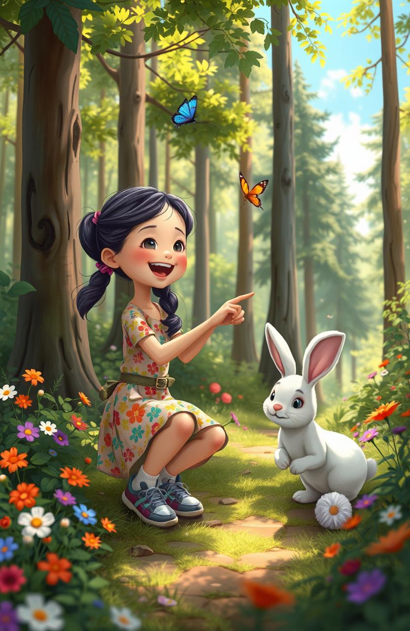 A whimsical scene depicting a young girl named Rina, joyfully exploring a lush forest with her charming rabbit companion named Kiki