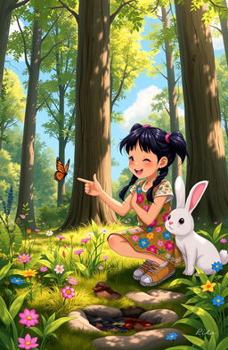 A whimsical scene depicting a young girl named Rina, joyfully exploring a lush forest with her charming rabbit companion named Kiki