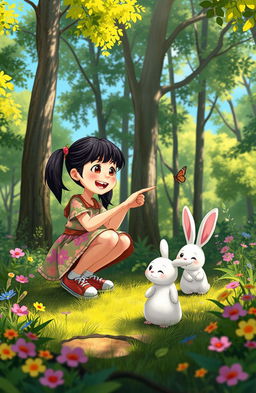 A whimsical scene depicting a young girl named Rina, joyfully exploring a lush forest with her charming rabbit companion named Kiki
