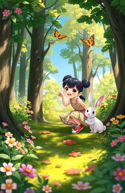 A whimsical scene depicting a young girl named Rina, joyfully exploring a lush forest with her charming rabbit companion named Kiki