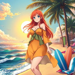 A stunning anime scene featuring Nami, a pirate character with long orange hair and a curvy figure, standing confidently by the beachside
