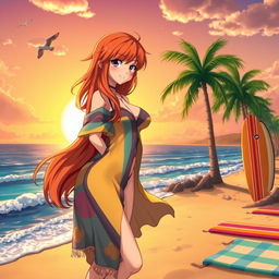 A stunning anime scene featuring Nami, a pirate character with long orange hair and a curvy figure, standing confidently by the beachside