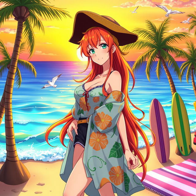 A stunning anime scene featuring Nami, a pirate character with long orange hair and a curvy figure, standing confidently by the beachside