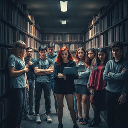 A dramatic murder mystery scene featuring ten diverse students as suspects