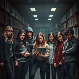 A dramatic murder mystery scene featuring ten diverse students as suspects