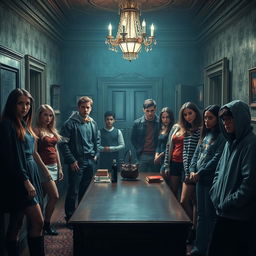 A captivating murder mystery scene featuring ten distinct student suspects in a tense and atmospheric environment