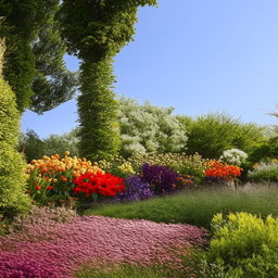 An outdoor setting showcasing a harmonious combination of colors, including a variety of vibrant flowers, lush greenery, and a clear, blue sky.