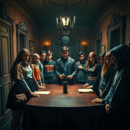 A captivating murder mystery scene featuring ten distinct student suspects in a tense and atmospheric environment