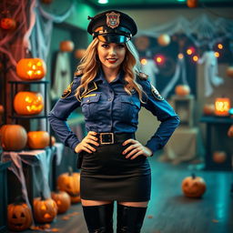 A female police officer in a stylish and fun Halloween costume, featuring a fitted blue police uniform with a short skirt, knee-high black boots, and a police hat adorned with spooky decorations