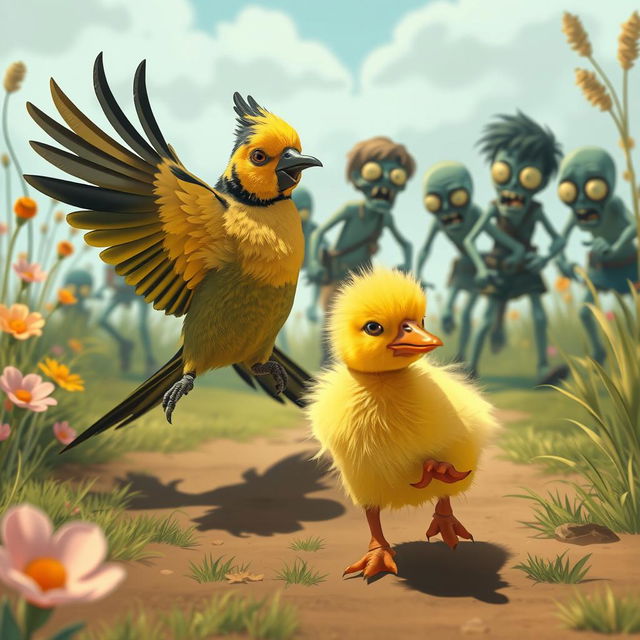 An amusing scene showcasing a Nanday Parakeet and a fluffy yellow duckling sprinting away from a whimsical group of cartoonish zombies in an exaggerated, colorful landscape