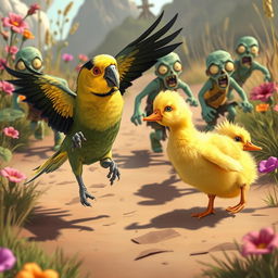 An amusing scene showcasing a Nanday Parakeet and a fluffy yellow duckling sprinting away from a whimsical group of cartoonish zombies in an exaggerated, colorful landscape