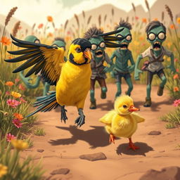An amusing scene showcasing a Nanday Parakeet and a fluffy yellow duckling sprinting away from a whimsical group of cartoonish zombies in an exaggerated, colorful landscape