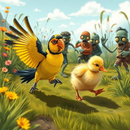 An amusing scene showcasing a Nanday Parakeet and a fluffy yellow duckling sprinting away from a whimsical group of cartoonish zombies in an exaggerated, colorful landscape