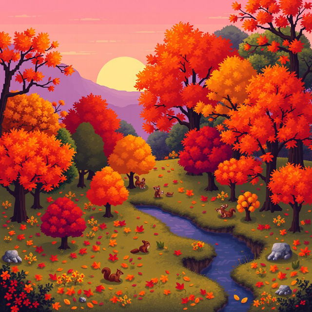 A vibrant autumn landscape made entirely from pixel art