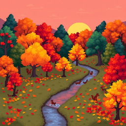 A vibrant autumn landscape made entirely from pixel art