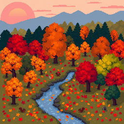 A vibrant autumn landscape made entirely from pixel art