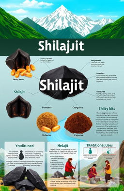 An beautifully illustrated guide to shilajit showcasing its various forms, origins in the Himalayan mountains, and vibrant natural landscapes