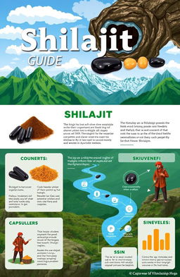 An beautifully illustrated guide to shilajit showcasing its various forms, origins in the Himalayan mountains, and vibrant natural landscapes
