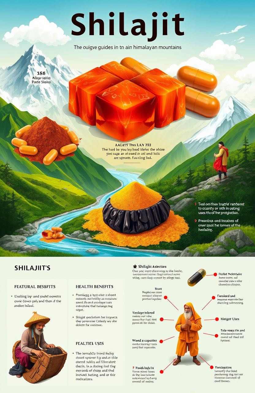 An beautifully illustrated guide to shilajit showcasing its various forms, origins in the Himalayan mountains, and vibrant natural landscapes