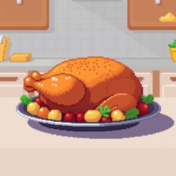 A colorful pixel art representation of a perfectly roasted chicken, sitting on a platter