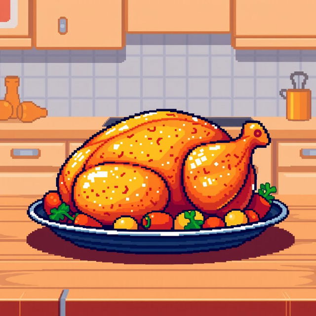 A colorful pixel art representation of a perfectly roasted chicken, sitting on a platter