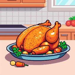 A colorful pixel art representation of a perfectly roasted chicken, sitting on a platter