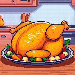 A colorful pixel art representation of a perfectly roasted chicken, sitting on a platter