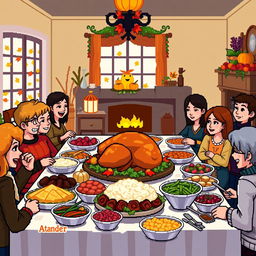 A vibrant pixel art scene depicting a warm Thanksgiving celebration