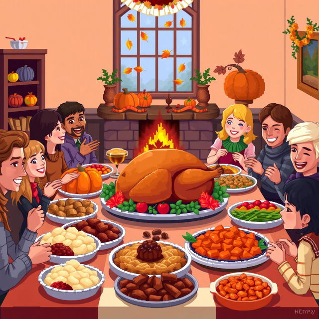 A vibrant pixel art scene depicting a warm Thanksgiving celebration