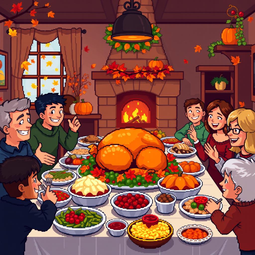 A vibrant pixel art scene depicting a warm Thanksgiving celebration