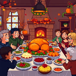 A vibrant pixel art scene depicting a warm Thanksgiving celebration