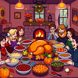 A vibrant pixel art scene depicting a warm Thanksgiving celebration