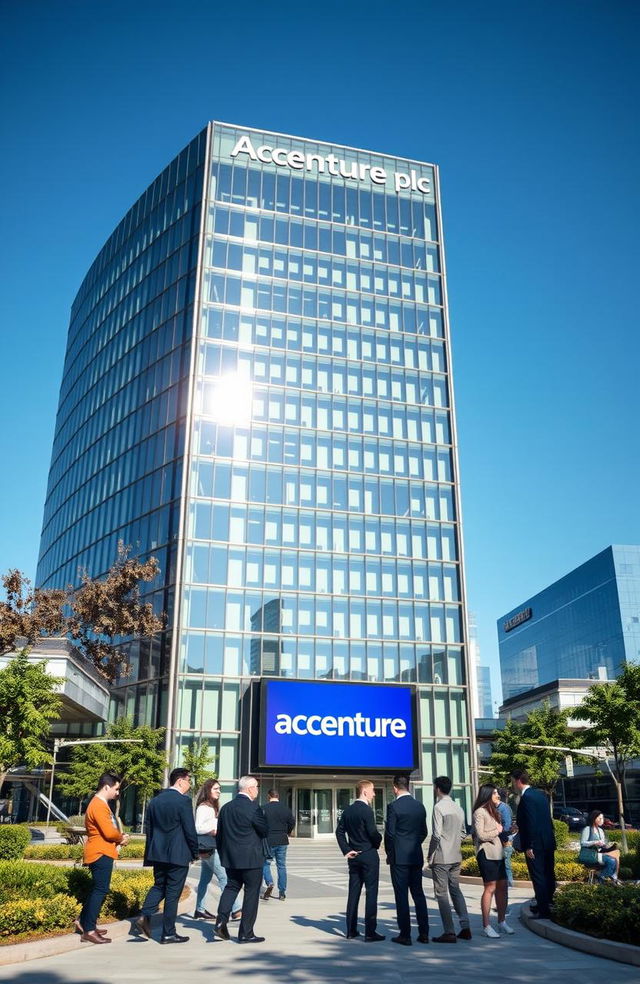 A modern corporate office building representing Accenture plc, showcasing a sleek and futuristic design