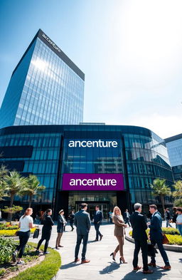 A modern corporate office building representing Accenture plc, showcasing a sleek and futuristic design