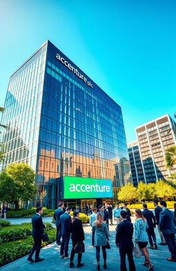 A modern corporate office building representing Accenture plc, showcasing a sleek and futuristic design