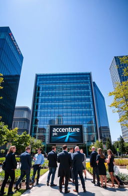 A modern corporate office building representing Accenture plc, showcasing a sleek and futuristic design