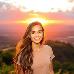 A serene scene featuring a young woman standing on a hilltop during sunrise