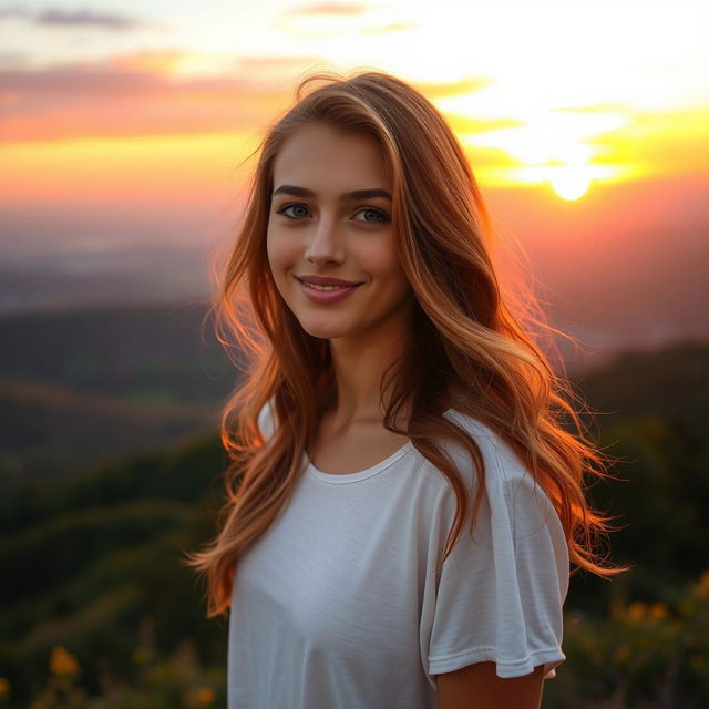 A serene scene featuring a young woman standing on a hilltop during sunrise