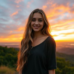 A serene scene featuring a young woman standing on a hilltop during sunrise