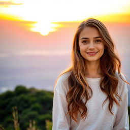 A serene scene featuring a young woman standing on a hilltop during sunrise