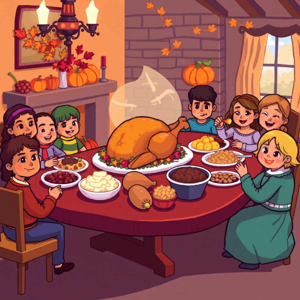 A vibrant pixel art scene depicting a traditional Thanksgiving celebration