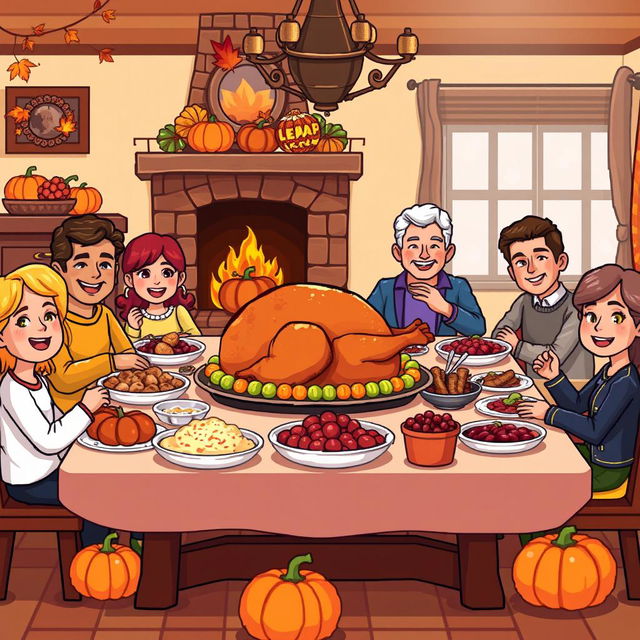 A vibrant pixel art scene depicting a traditional Thanksgiving celebration