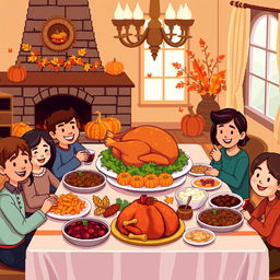 A vibrant pixel art scene depicting a traditional Thanksgiving celebration