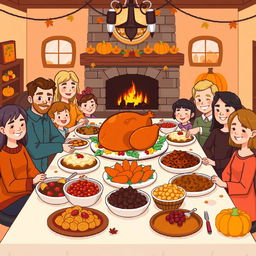A vibrant pixel art scene depicting a traditional Thanksgiving celebration