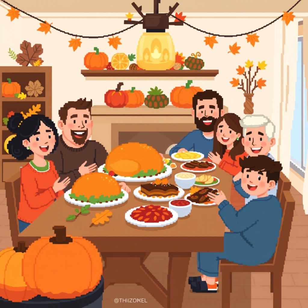 A cheerful Thanksgiving pixel art scene characterized by large pixel cells, portraying a festive gathering