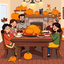 A cheerful Thanksgiving pixel art scene characterized by large pixel cells, portraying a festive gathering
