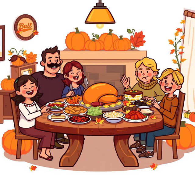 A cheerful Thanksgiving pixel art scene characterized by large pixel cells, portraying a festive gathering